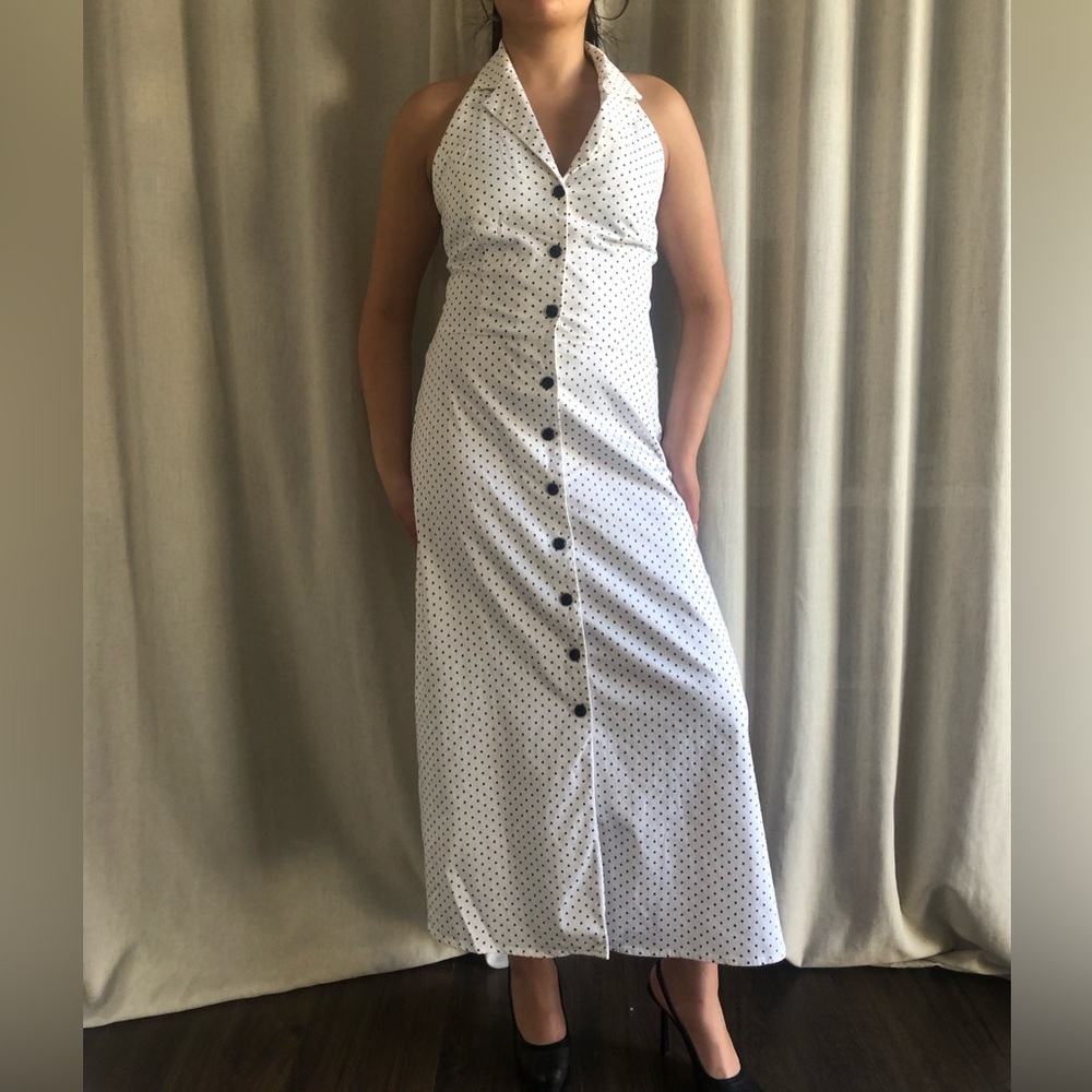 Danny & Nicole White Polka Dot Halter Button-Front Maxi Dress